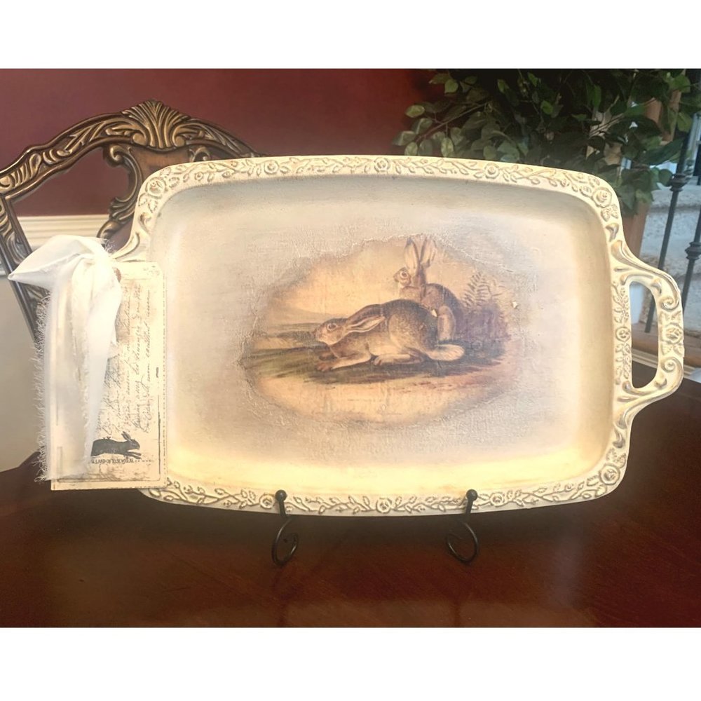 Hand Painted and Decorated Silver Tray Bunny Rabbit Picture Easter Decor Display
